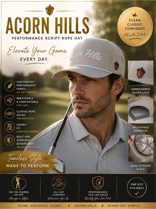 Acorn Hills Other - Acorn Hills Performance Script Rope Hat Snapback Cap Light Gray Golf Outdoors